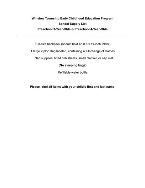 Supply List-Preschool 3-Year-Olds & Preschool 4-Year-Olds Winslow Township Early Childhood Education Program School