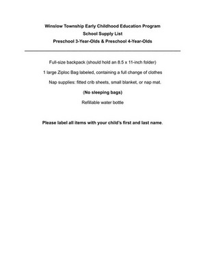 Supply List-Preschool 3-Year-Olds & Preschool 4-Year-Olds Winslow Township Early Childhood Education Program School